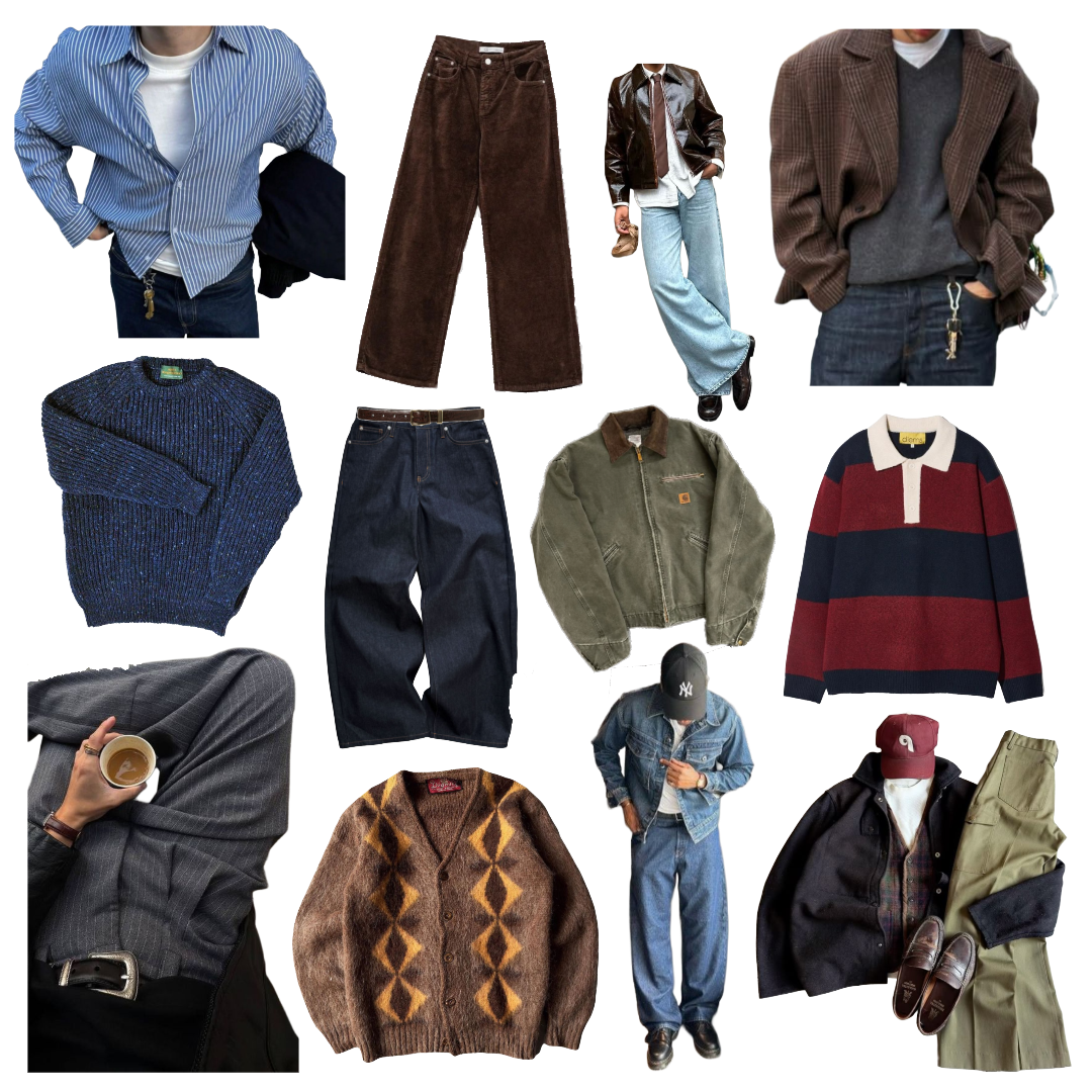 Cutout images of men's pants, sweaters, jackets, and tops.
