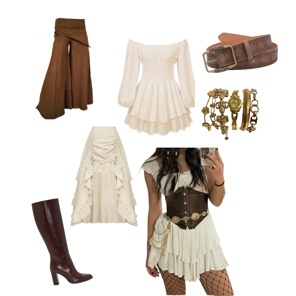Cutout image of a girl in a pirate costume, a white layered flowy skirt, a brown long skirt, a white long sleeve flowy dress, a brown belt, gold jewelry, and a brown knee high leather shoe.